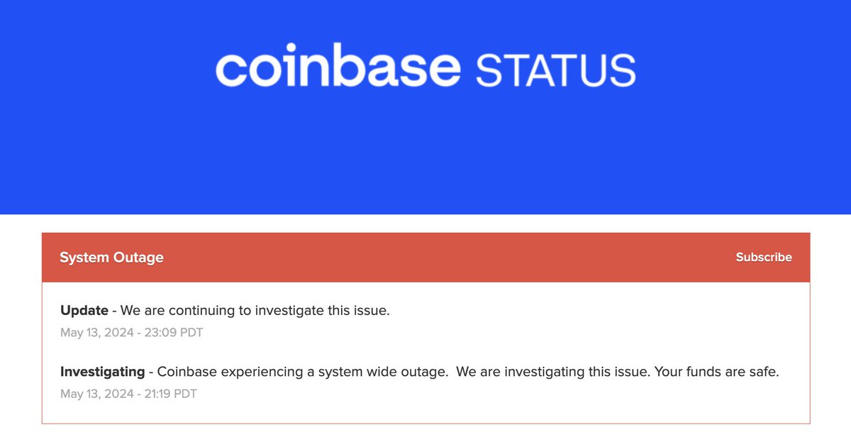 🚨Community Alert🚨

Coinbase is currently facing a major outage. Their website and all other service are temporarily unavailable.

⚠️The investigation is ongoing to identify the root cause.
Users' funds are #safu, said the company.

Stay updated on status.coinbase.com 👈