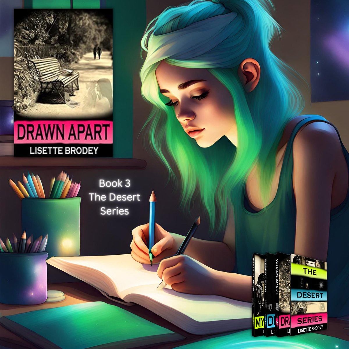 DRAWN APART 🌵🌞 Book 3, The Desert Series Avalon is no ordinary artist. Her gift is to paint pictures of events before they happen; some of them portray potentially bad consequences. ✒️🖌🖍 mybook.to/drawnapart 📚 #YA ✨ #paranormal ✨