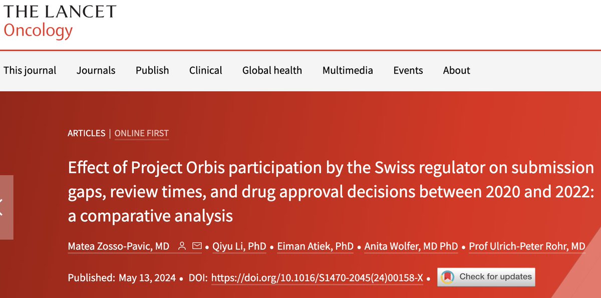 Out in @TheLancetOncol, the latest analysis by our colleague Dr Anita Wolfer head of the breast cancer clinic @hug_ge and colleagues at @Swissmedic_ - Project Orbis a collaborative parallel-review programme launched by @US_FDA in 2019 to expedite patient access to cancer drugs.