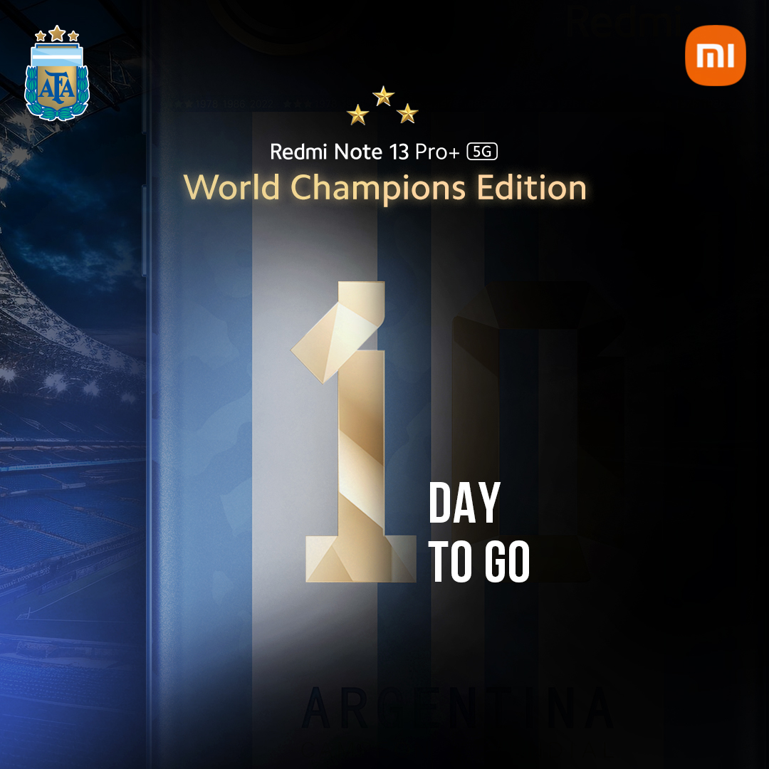 Only 1 day to go to get your hands on the #RedmiNote13 Pro+ #WorldChampionsEdition. Don't miss the kick-off! Sale starts tomorrow. Launch Price ₹34,999*. bit.ly/_WorldChampion…