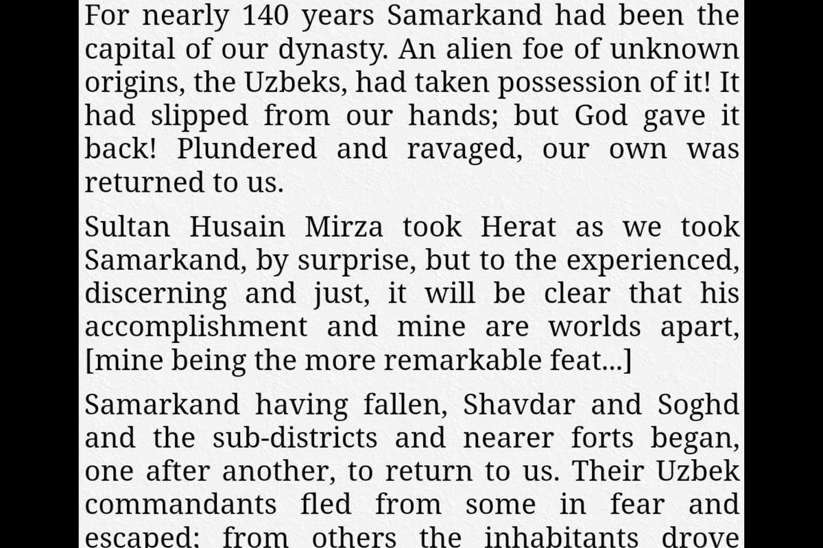 Babur was neither an Uzbek nor a Tajik but a Turkized Mongol. Babur did not even know what an Uzbek was when the Shaybanids (the real Uzbek dynasty) invaded his land. He literally calls them “an alien foe of unknown origins”.