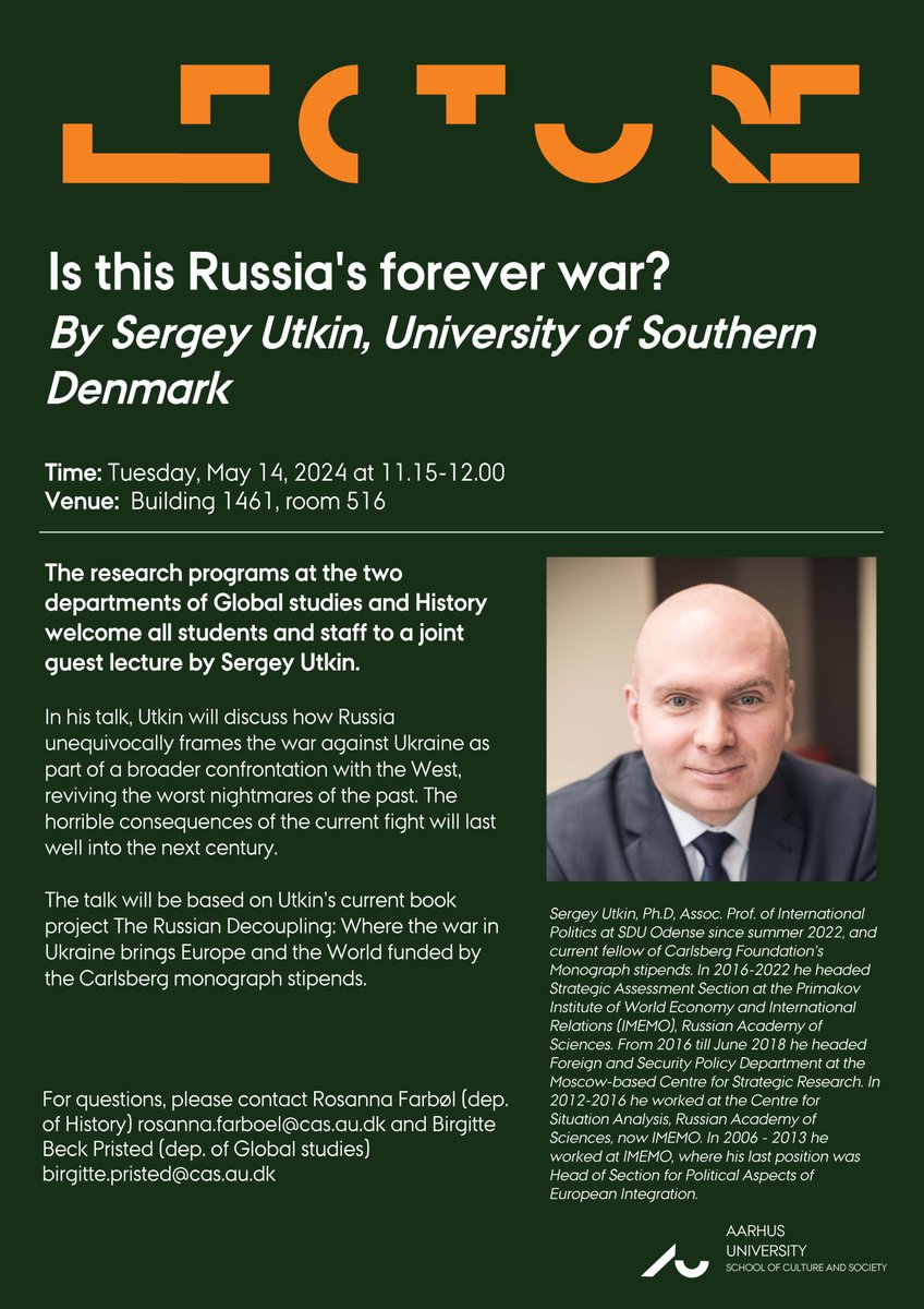 Join us today at 11.15 for the timely seminar "Is this Russia's forever war?" by Dr Sergey Utkin at <a href="/AarhusUni/">Aarhus Universitet</a>