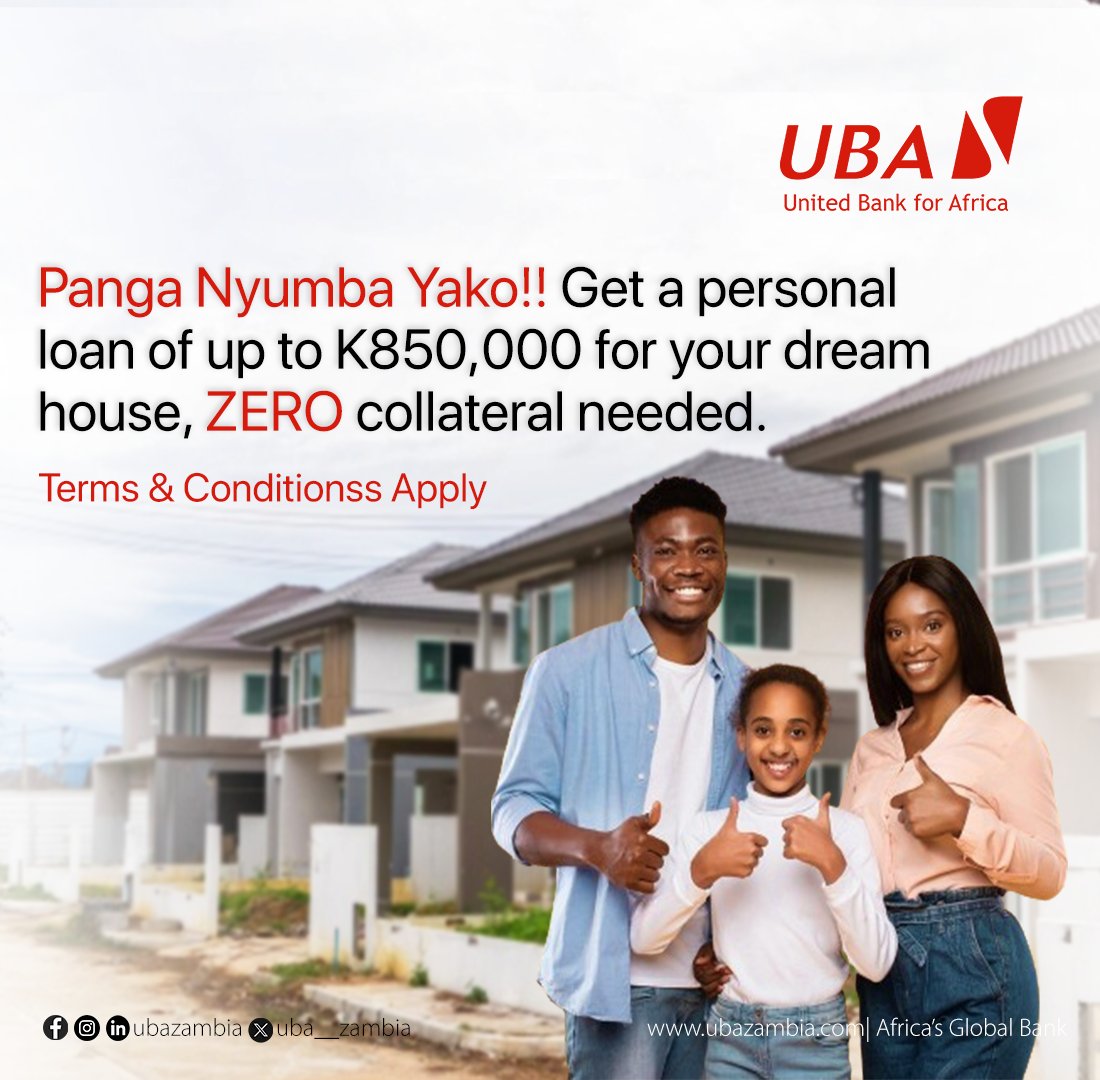 𝗣𝗮𝗻𝗴𝗮 𝗡𝘆𝘂𝗺𝗯𝗮 𝗬𝗮𝗸𝗼! With access to a personal loan of up to K850,000 you can get started on your dream house.
#personalloan
#AfricasGlobalBank