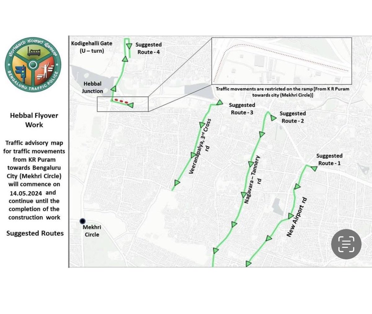 rakeshprakash1's tweet image. #Bengaluru:  The up-ramp at #Hebbal flyover, while coming from K R Puram side &amp;amp; moving towards city, will be CLOSED till civil work is completed. 

Take alternative (#traffic) routes 👇

@NammaBengaluroo @WFRising @TOIBengaluru @sandeeprrao1991 @BPACofficial