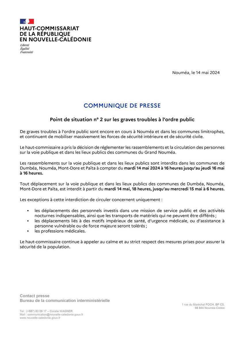 🔵 Point de situation 2 sur les graves troubles à l’ordre public. Pour les exceptions à l’interdiction de déplacement, une attestation à remplir est disponible 👇🏼 nouvelle-caledonie.gouv.fr/contenu/telech…