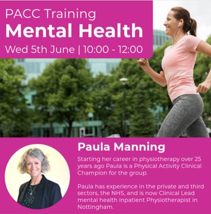 Clinicians involved in mental health care. Free online training to increase your confidence in PA conversations 'Physical activity in the prevention and management of long term conditions' #MomentsForMovement @AWRC @PhysiosinMH @AGILECSP @FSEM_UK forms.office.com/e/kA1g3HMMv6