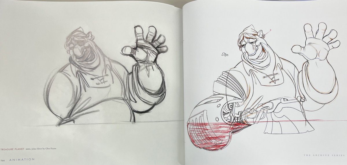 左はグレン・キーンさんの原画、結構ガシガシ描いた絵。右が二原のジョン・シルバーさんの清書。 ディズニースタジオでは二原が重要で、原画マンに匹敵するデッサン力と理解力が必要。 専任の二原マンが存在。
