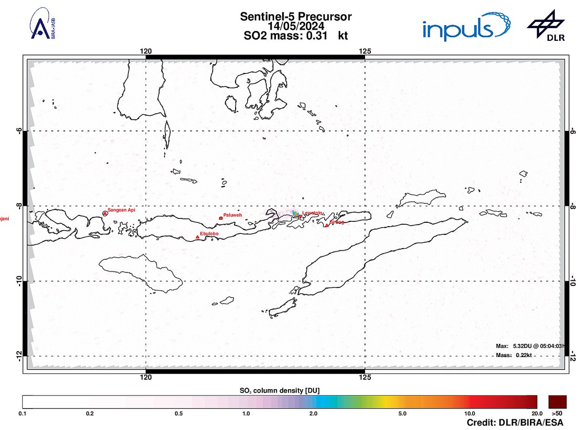 On 2024-05-14 #TROPOMI has detected an enhanced SO2 signal of 5.32DU at a distance of 10.7km to #Lewotolo. Other nearby sources: #Sirung #Paluweh. #DLR_inpuls @tropomi #S5p #Sentinel5p @DLR_en @BIRA_IASB @ESA_EO #SO2LH