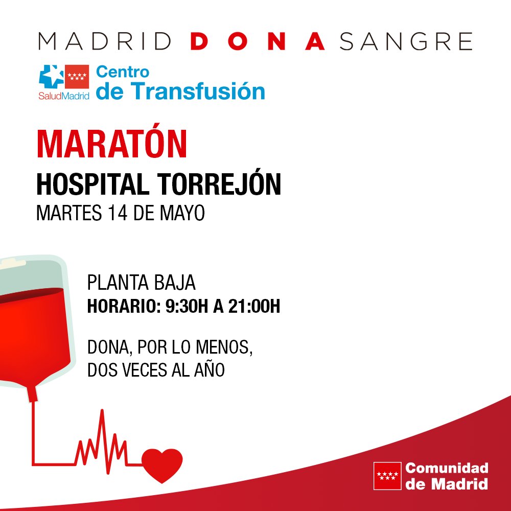 👉 Hoy también puedes unirte al maratón del Hospital de Torrejón hasta las 21.00h.

❤ Anímate a #salvarvidas y ve a #donarsangre. Muchos pacientes necesitan #sangre, #plasma o #plaquetas para sus tratamientos.

#donavida

📲 c.madrid/donasangre