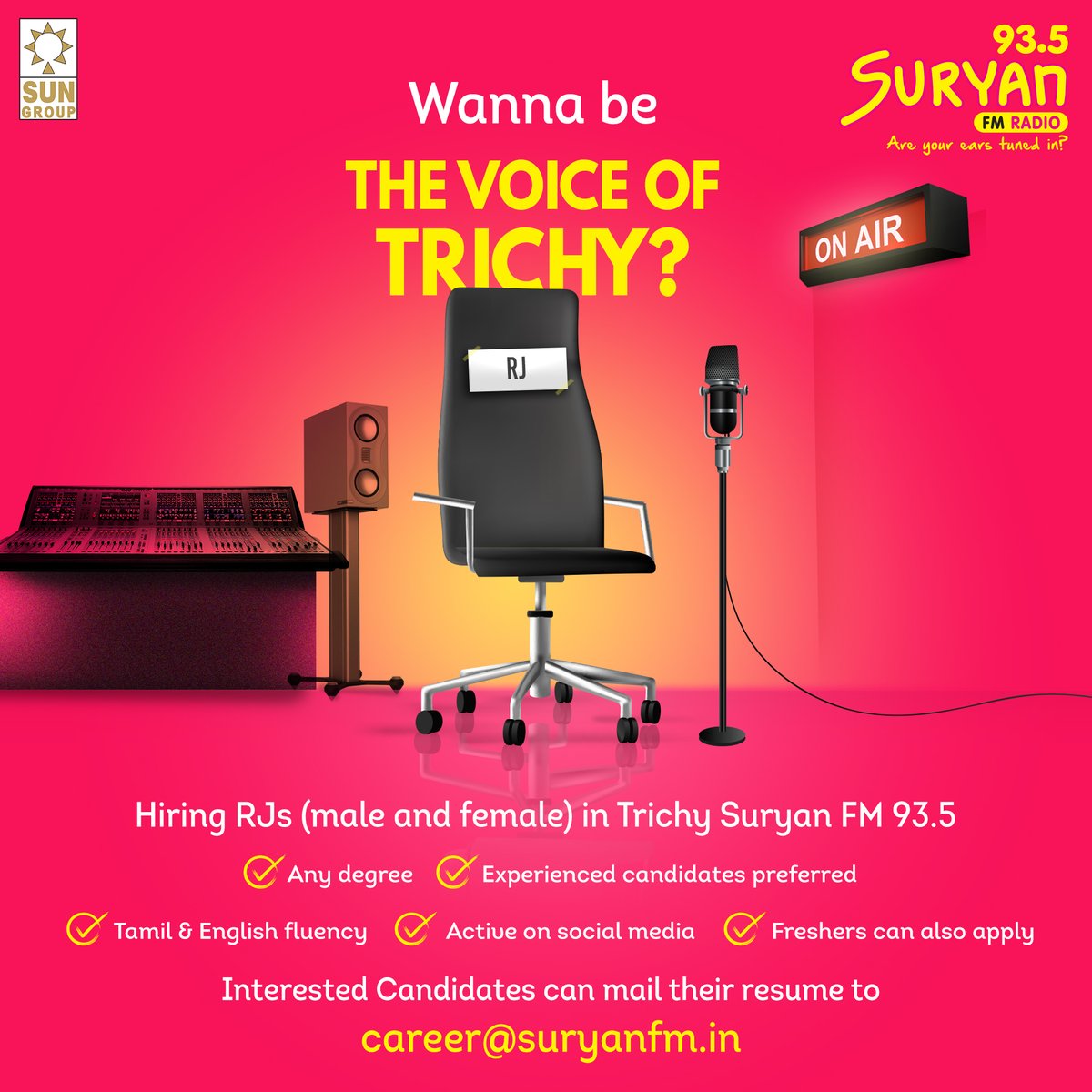 Wanna be the voice of Trichy?

#Trichy #HiringRJs #SuryanFM