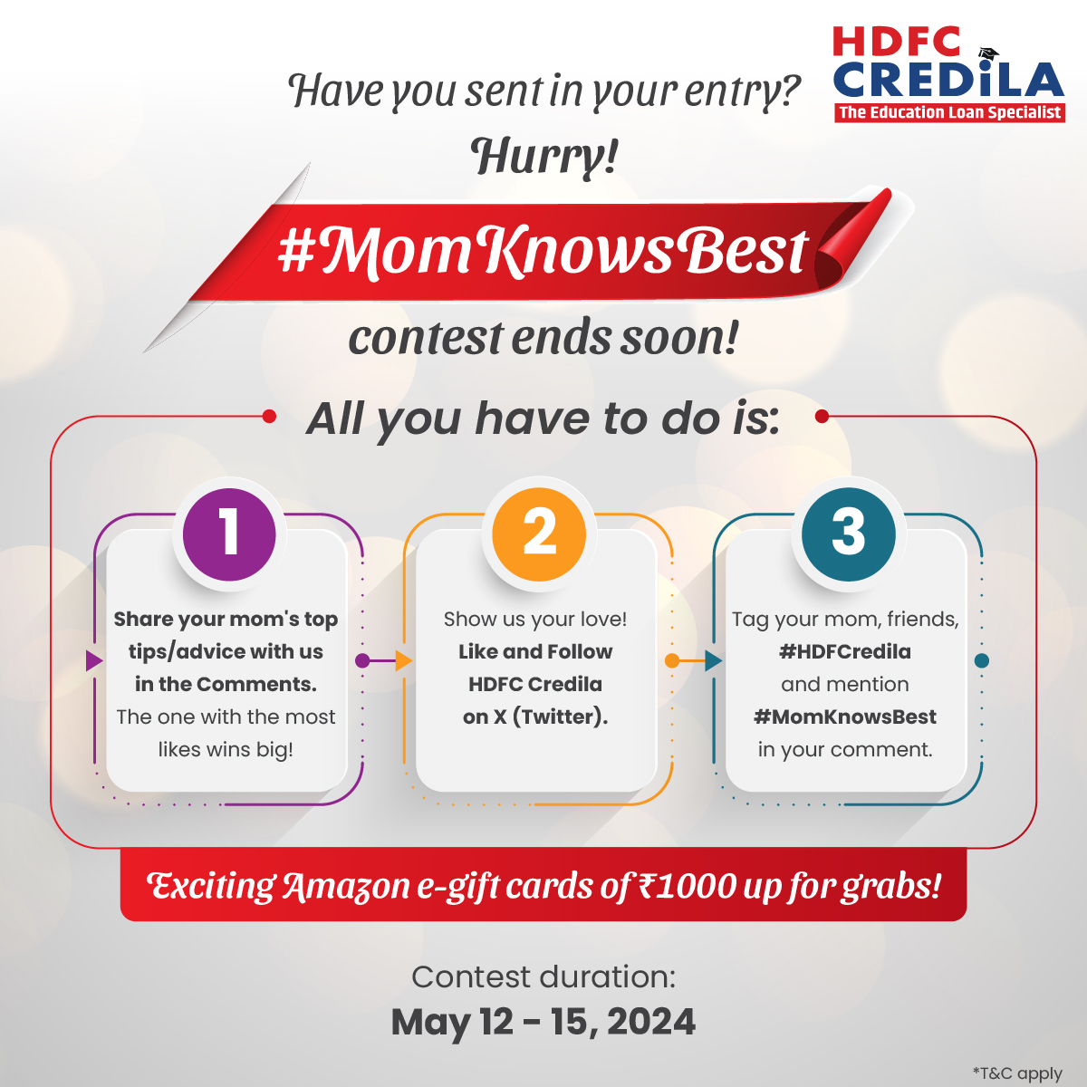 If you've not sent in your contest entry, now is the time to do so! Exciting prizes to be won! *T&C apply bit.ly/3wwkmKv #HDFCCredila #HDFCCredilaContest #MomKnowsBest #Contest #Tips #Advice #comment #ContestAlert #ContestTime #GiveAway #GiveAwayAlert #ContestGiveAway