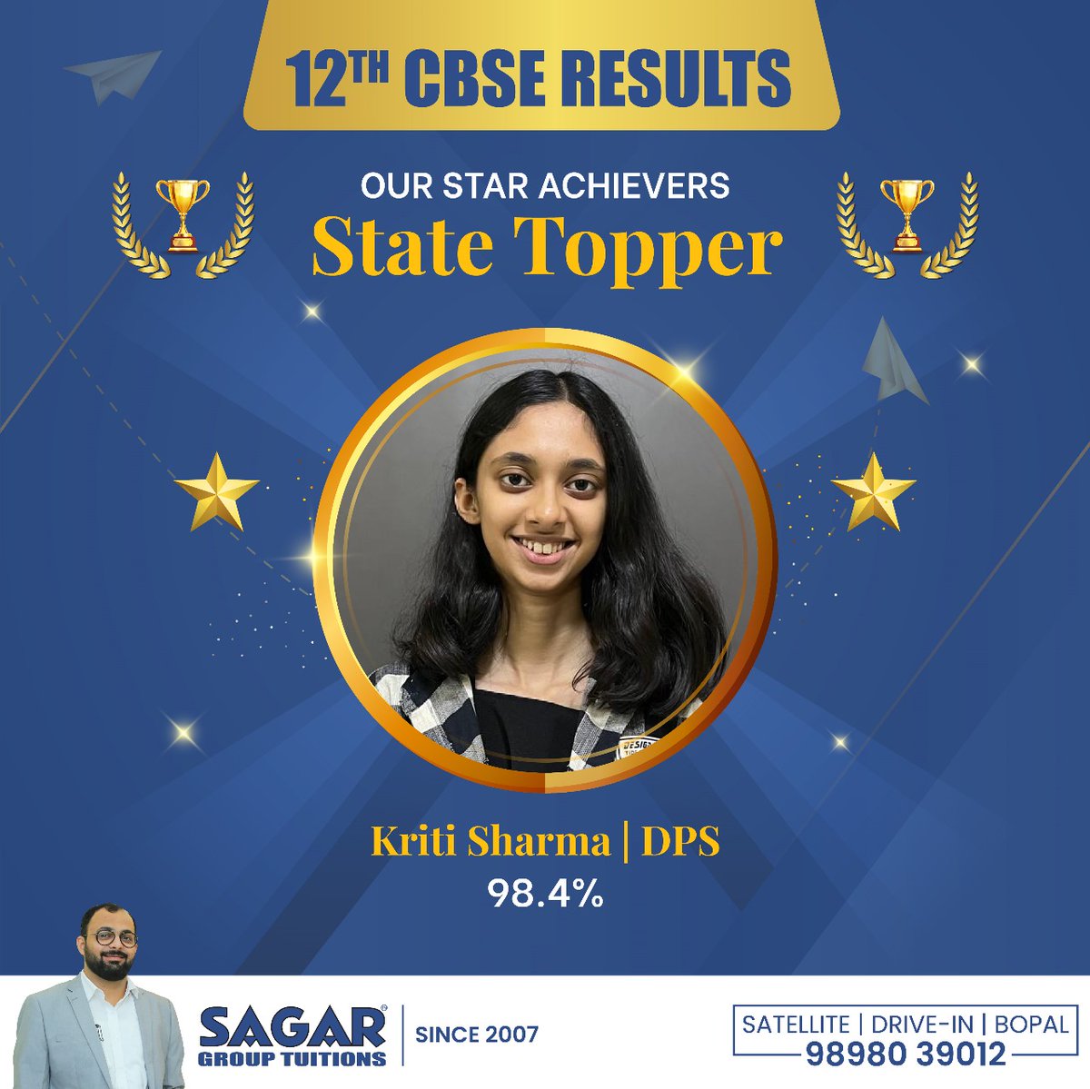 Sagar Group Tuitions is thrilled to celebrate the remarkable achievement of our star student Kriti Sharma, who has topped the state in the 12th CBSE results with an impressive 98.4%! 

#SagarGroupTuitions #commercetuition #cbseboardresults #schooltoppers #statetoppers