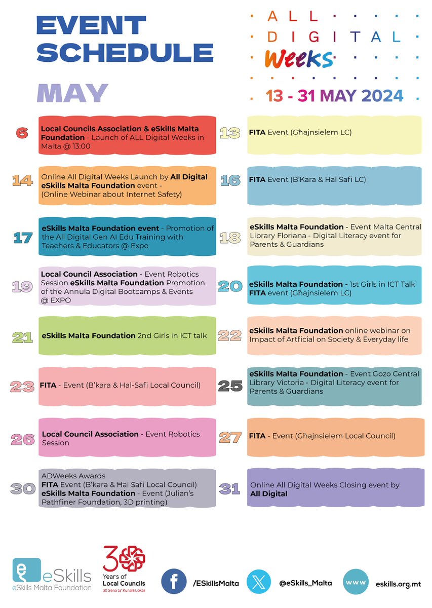 Get set for serious digital fun with our All Digital Weeks, running from 13th to 31st May! 
eSkills Malta Foundation announces that many fantastic events are coming your way. From informative webinars to fun challenges, there's something for everyone during these excellent weeks.