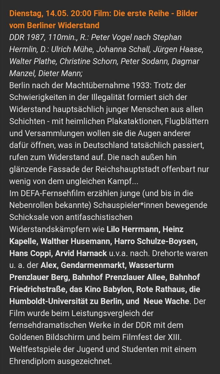 Film-Empfehlung für heute Abend: 'Die erste Reihe - Bilder vom Berliner Widerstand'. Ein Film nach dem Buch von Stephan #Hermlin mit vielen Drehorten in #Mitte. 14.05. | 20 Uhr | Kultur- und Schankwirtschaft BAIZ, Schönhauser Allee 26a #defa #b1405