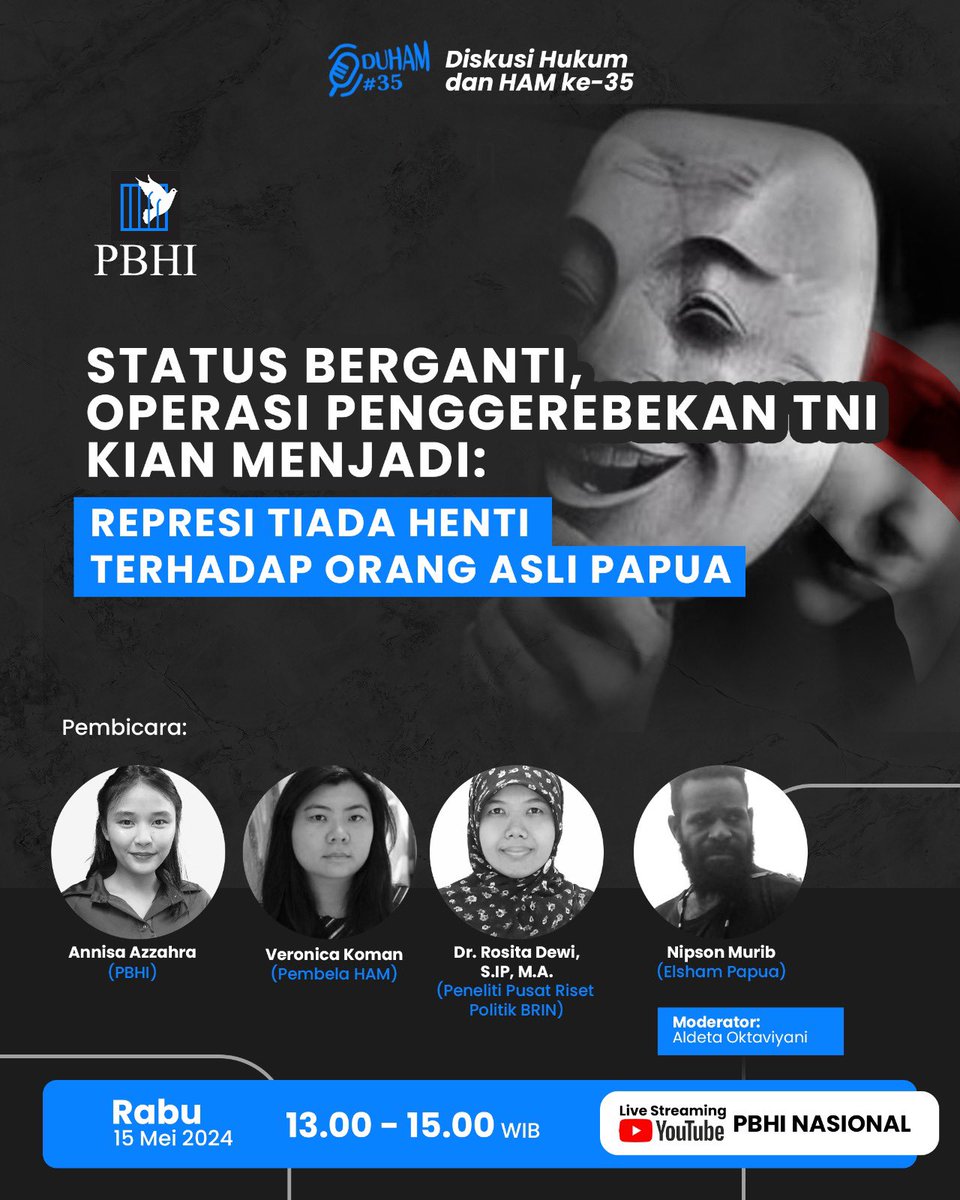 Yuk gabung besok Rabu 15 Mei di diskusi HAM Papua bersama @PBHI_Nasional. Kita akan membahas soal implikasi dari perubahan penyebutan KKB menjadi OPM oleh TNI.