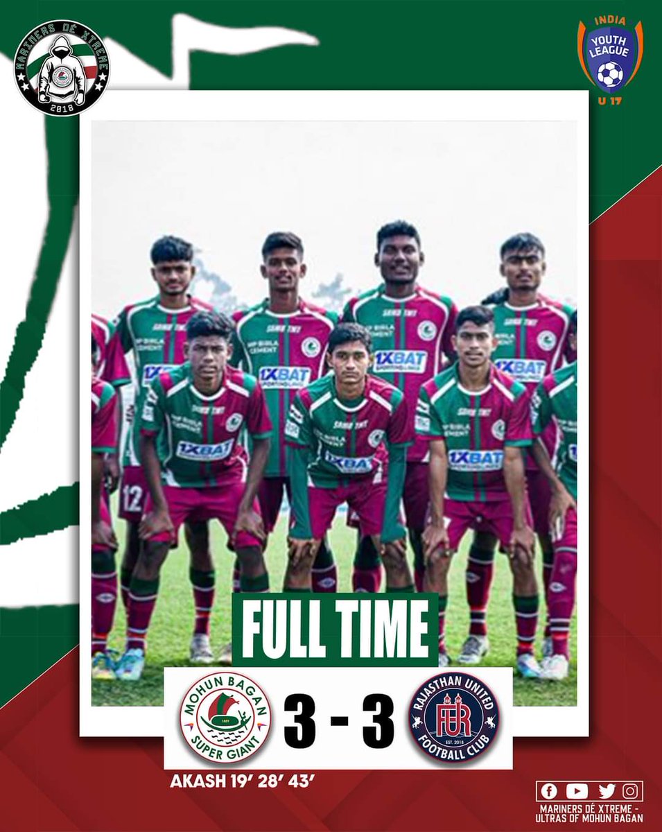 Full Time: Mohun Bagan 3-3 Rajasthan United The Akash magic leads to get 1 point in the first game of in U-17 youth league final round 💚❤️ #UltrasMohunBagan #GreenMaroonloyalUltras #JoyMohunBagan #MBAC1889 #mariners #MohunBagan