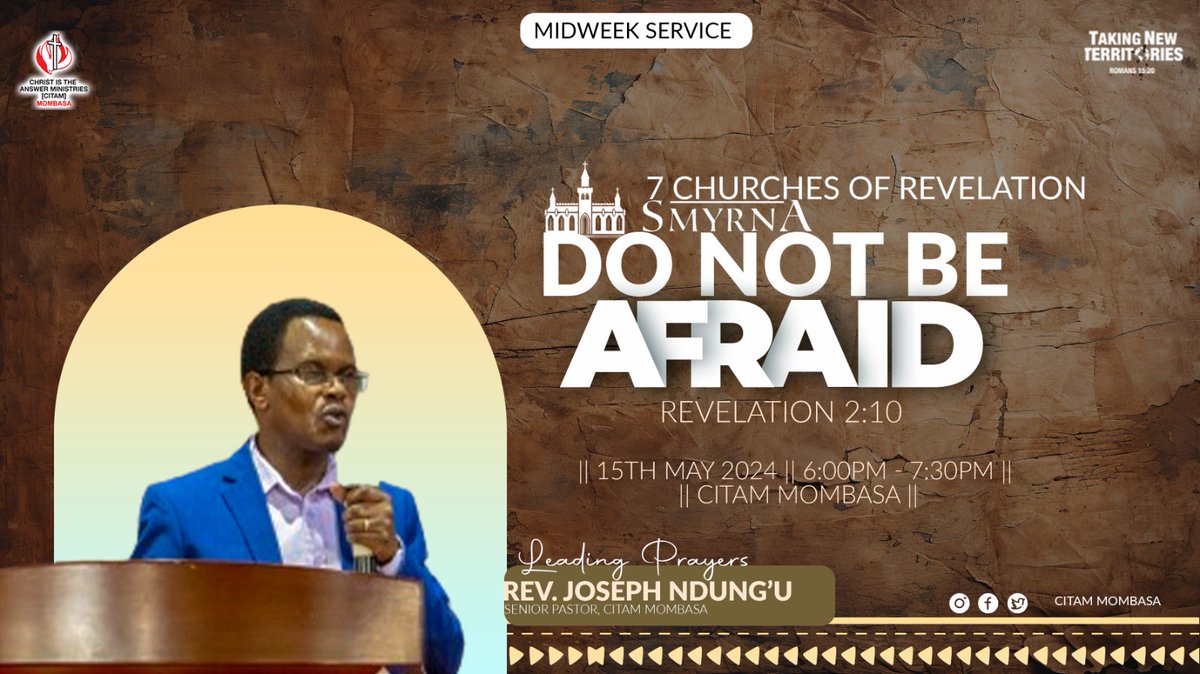 CITAM Mombasa (@citammombasa) on Twitter photo Our senior Pst. <a href="/NdunguJosep/">Joseph Ndungu</a> will be sharing on the topic Do not be afraid for our Wednesday prayer service .
Location is our sanctuary at Park Lane, Nyali.
Time : 6-7.30pm.
All are welcome
#Takingnewterritories Our senior Pst. <a href="/NdunguJosep/">Joseph Ndungu</a> will be sharing on the topic Do not be afraid for our Wednesday prayer service .
Location is our sanctuary at Park Lane, Nyali.
Time : 6-7.30pm.
All are welcome
#Takingnewterritories