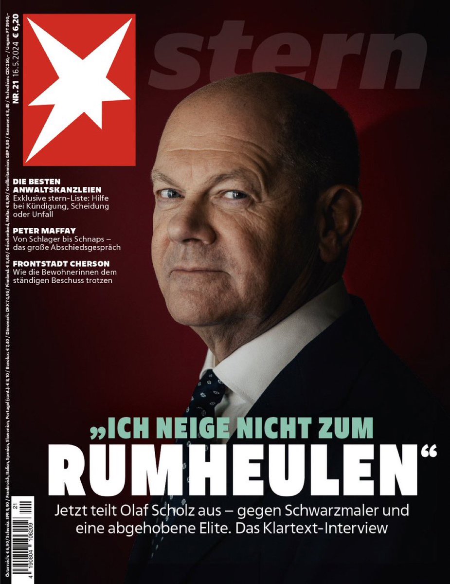 „Ich neige nicht zum Rumheulen“, sagt @Bundeskanzler im <a href="/sternde/">stern</a>

Er neigt zur Ansage:

- „Jetzt ist schwitzen angesagt“, also sparen
- Mindestlohn rauf auf 14, dann 15 Euro
- Und wer meint, die Deutschen seien faul, hat „nicht alle Latten am Zaun“.

<a href="/GPSchmitz/">Gregor Peter Schmitz</a> <a href="/vmedick/">Veit Medick</a>