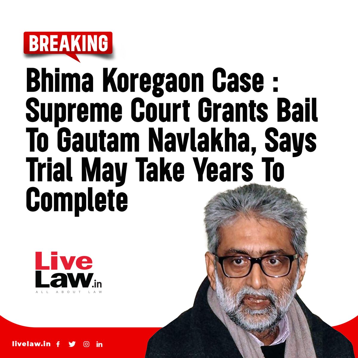 In a major development, the Supreme Court (today May 14) has granted bail to Bhima Koregaon-accused Gautam Navlakha. The same is subject to the payment of Rs 20 Lakhs for his house arrest.
Read more: t.ly/7Yez3
#SupremeCourtOfIndia #GautamNavlakha #BhimaKoregaon