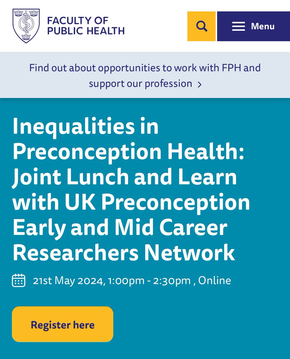 Join us next week for a Lunch & Learn on Inequalities in Preconception Health @FPH Health of Women and Girls SIG ▶️ Tuesday 21 May 13.00-14.30 First half: presentations + Q&A Second half: future projects (SIG members) 🔗 fph.org.uk/events-courses… @jennyhall33 @MajelMcG