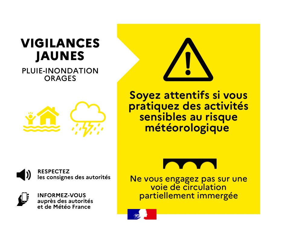 [#VigilanceJaune] 🟡Les services de @meteofrance ont placé le #Gard en vigilance jaune PLUIE-INONDATION et ORAGES à partir de 14h ce jour. ⚠️ Soyez vigilants lors de vos déplacements.