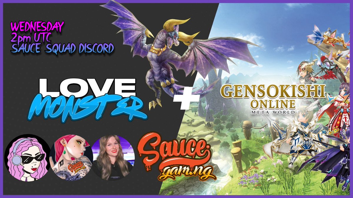 💜 Tomorrow we chill with the @SAUCESQUADGG playin @PlayLoveMonster & @genso_meta w/ the Queens @VincentVanHoLM & @hereforculture_ 👑 I'll be playing Love Monster for the first time! what tips can you give?🎮👀 📆Wednesday 2pm UTC 📍SAUCE SQUAD Discord: discord.gg/MQ9Yu9Ty