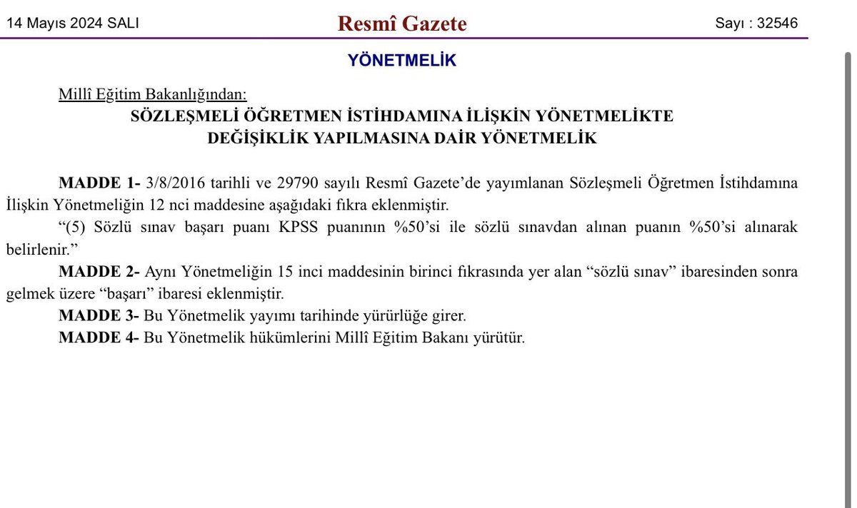 Seçimden önce meydanlarda “Mülakatı Kaldıracağız” dediniz. Bugün o vaatlerinizin üzerinden tam 1 yıl geçti ve tam tersi bir uygulamayı resmileştirdiniz. Resmi Gazete'de yayımlanan yönetmeliğe göre; sözleşmeli öğretmenlik sözlü sınavı başarı puanı, KPSS puanının yüzde 50’si ile