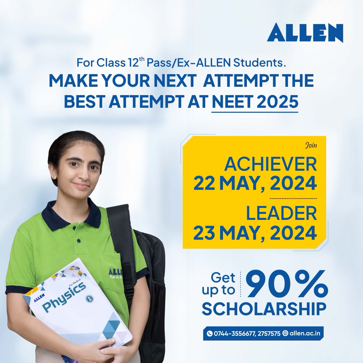 📌 Make your next shot at NEET 2025 the best shot with ALLEN's #ClassroomCourses or #OnlineProgram . ⭐ The courses are meant for Class 12th pass or Ex-ALLEN students 🌐 For more information on Classroom : allen.ac.in Online : allen.in #NEET2025