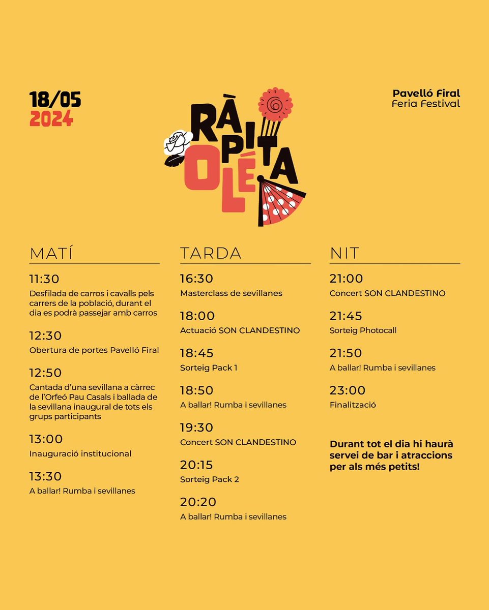 Dissabte, al pavelló firal, primera edició de #RàpitaOlé, amb activitats per a grans i menuts.

#CulturaRàpita24 #LaRàpita

@ajlarapita @Surtdecasa @TurismeLaRapita @ebredigitalcat @canalte @Canal21Ebre @marfanta