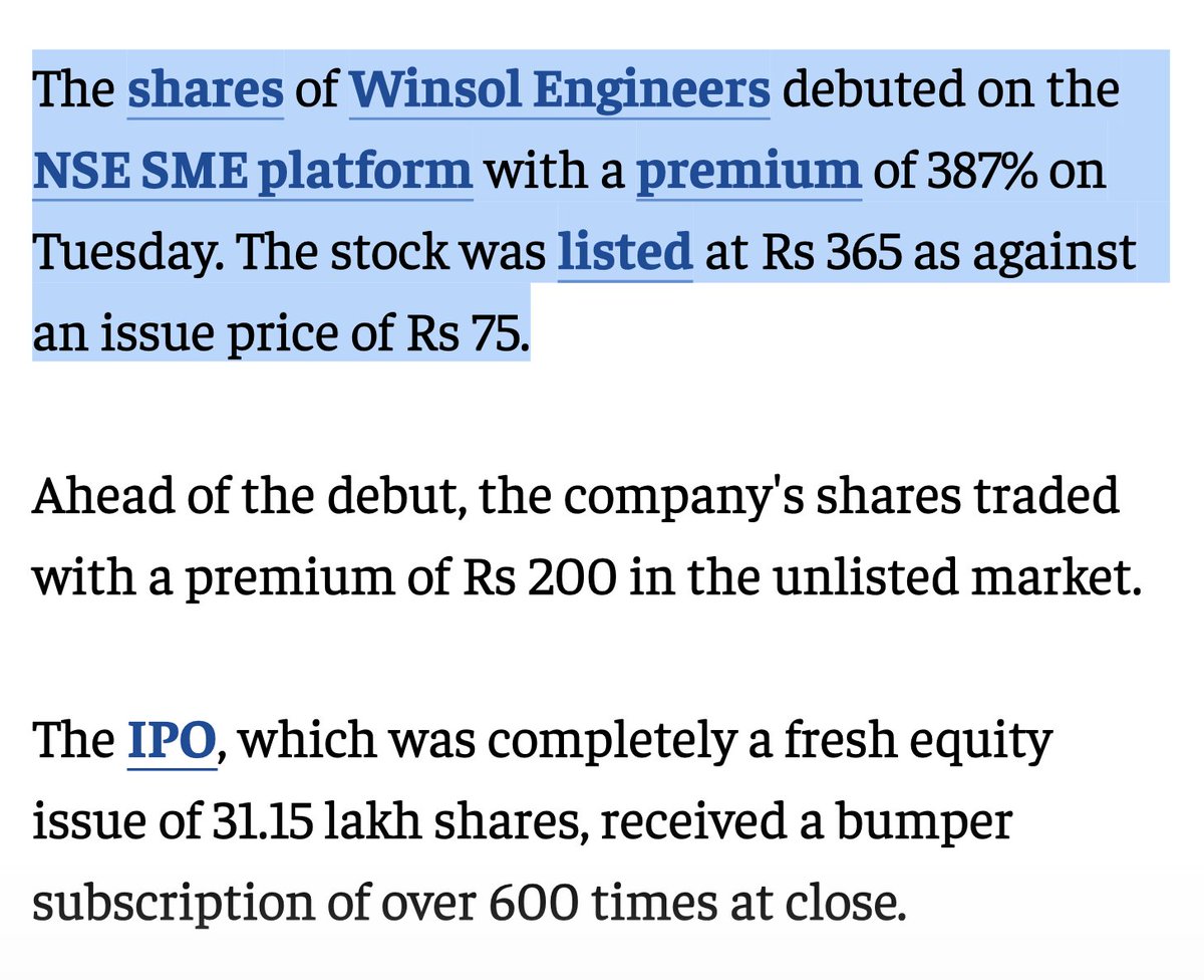 Winsol Engineers got listed at Rs 365 against issue price of Rs 75. Thats' 387% return on day 1. 

Forget about applying for IPO. I'm planning to start my own solar and wind EPC co and list it in the next 3 months. 90 din me paisa hi paisa 😅

It reminds me of Jaspal Bhatti PP