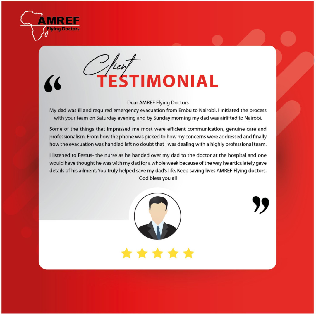 It's Testimonial Tuesday! Curious about what sets AMREF Flying Doctors apart? Hear a firsthand account from a grateful client whose dad's life was saved by us. Explore why AFD is THE go-to for medical emergencies! #AMREFFlyingDoctors #AFD #AfricaAndTheWorld #AirAmbulance