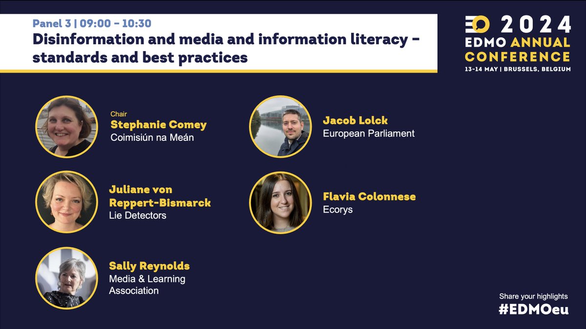 Good morning and welcome to day 2 of the #EDMOeu Annual Conference! Our panel on #disinformation and #MIL will start shortly with: 🔹Stephanie Comey @CNaM_ie 🔹@JacobLolck @Europarl_EN 🔹@julianevrb @LieDetectorsOrg 🔹@FlaviaColonnese @Ecorys 🔹@SallyReynolds @MediaLearning