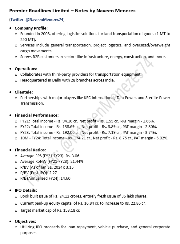Premier Roadlines IPO is offering a fresh issue of 60.24 lakh shares, with a price band of ₹63 to ₹67 per share. Subscription closes today, May 14, 2024. Listing on NSE SME, tentatively scheduled for Friday, May 17, 2024. #PremierRoadlines #IPO