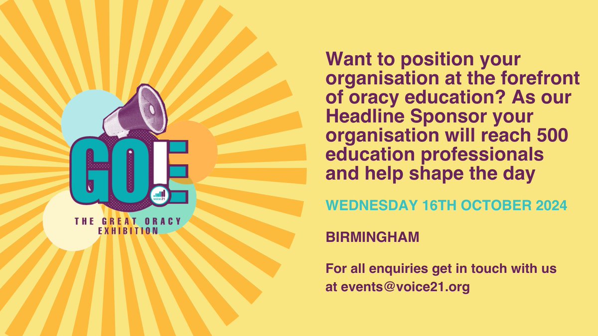 Voice 21 are now accepting applications to become the Headline Sponsor for the Great Oracy Exhibition - the largest event in the UK dedicated to oracy education. Visit eu1.hubs.ly/H093QPs0 to view the full entitlements and get in touch with the team