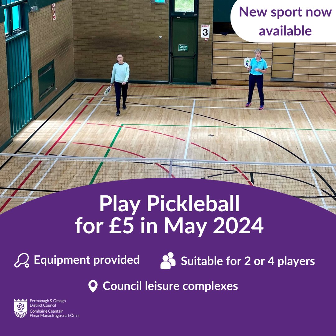 Pickleball is now available across our Leisure Complexes. It’s a cross between tennis, badminton, & table tennis. Rent a court and equipment for £5 this month (May 2024). FODC Household Members can enjoy it at no extra cost. Contact Leisure Complexes ➡️ bit.ly/3UGtdTm