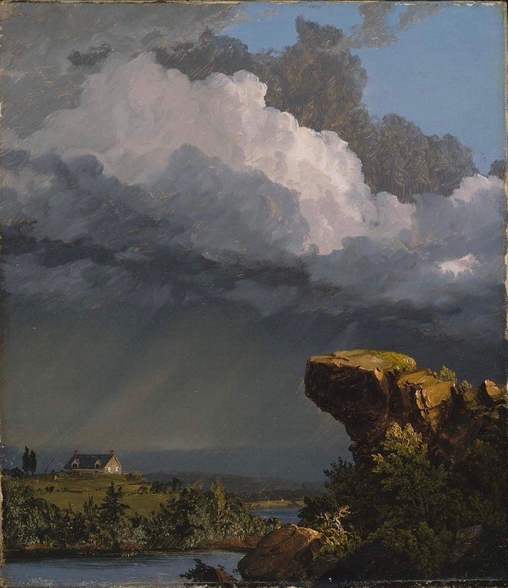 His artwork, celebrated for capturing expansive vistas of mountains, waterfalls, and sun-drenched sunsets, was marked by an extraordinary commitment to detail and an evocative use of light📘➡️📲 getdailyart.com
🏛 @mfaboston
 A Passing Storm Frederic Edwin Church 1849