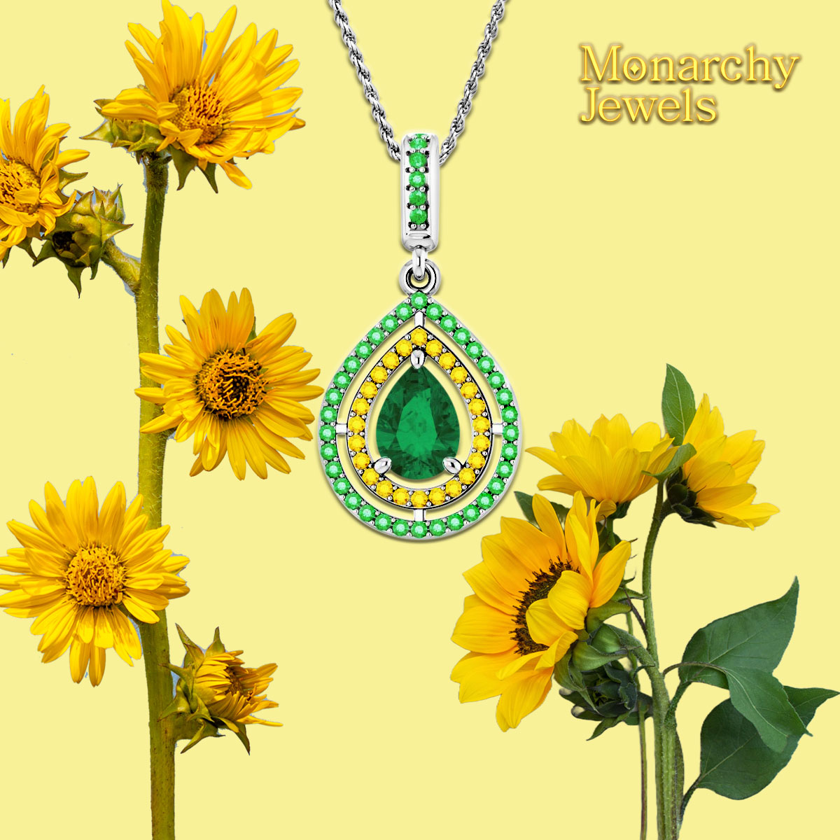 This special piece is perfect for someone with a birthday in May. Emerald is the king of Beryl after all. #MonarchyJewels #Emeralds #EmeraldJewelry #YellowSapphire #KingOfBeryl