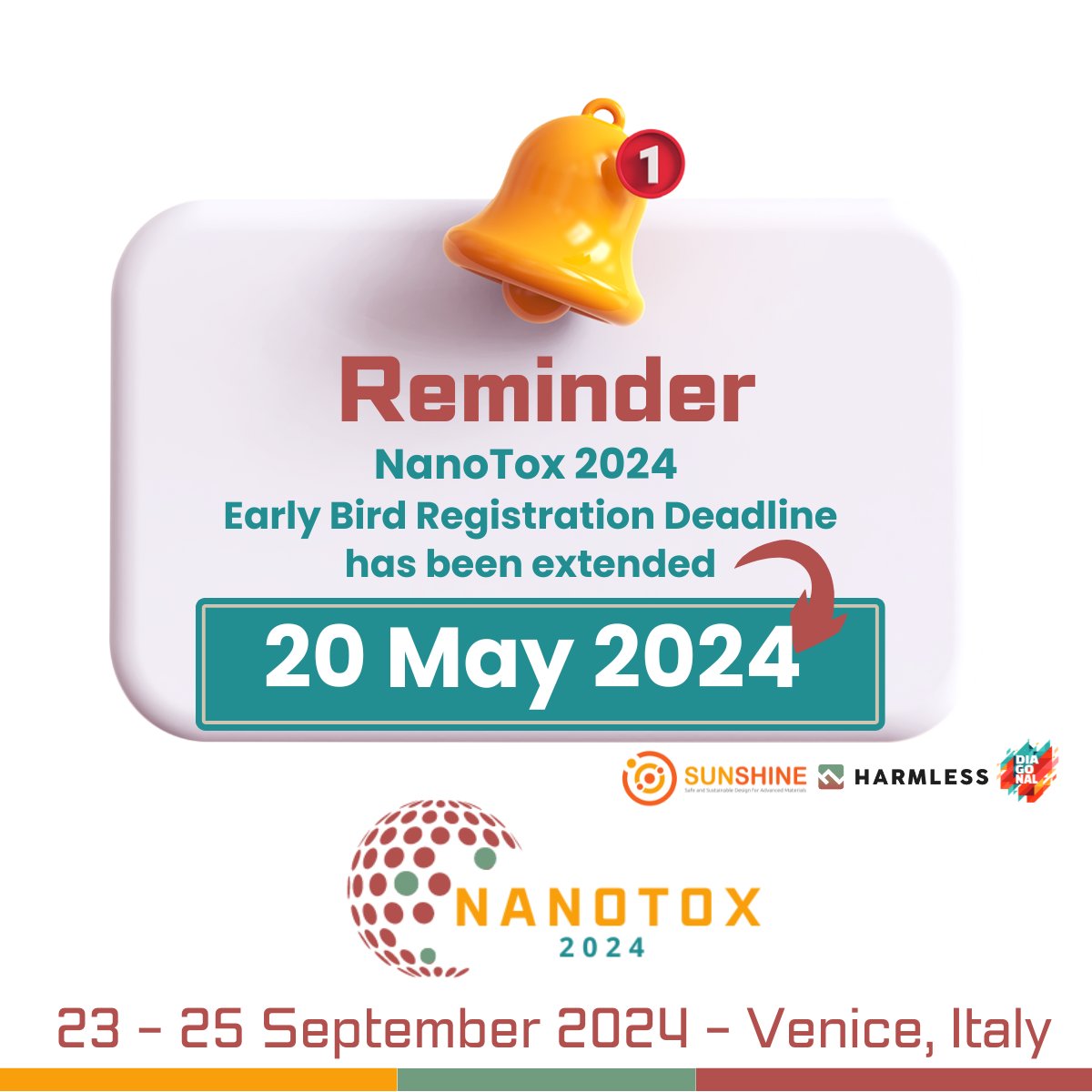 📢Attention! We're pleased to announce that the deadline for #NanoTox2024 early bird registration has been extended! ⏰ New Early Bird Registration Deadline: 20 May 2024 👉More details about the reservation: nanotox2024.eu/register 📍We hope you can join us in #Venice!
