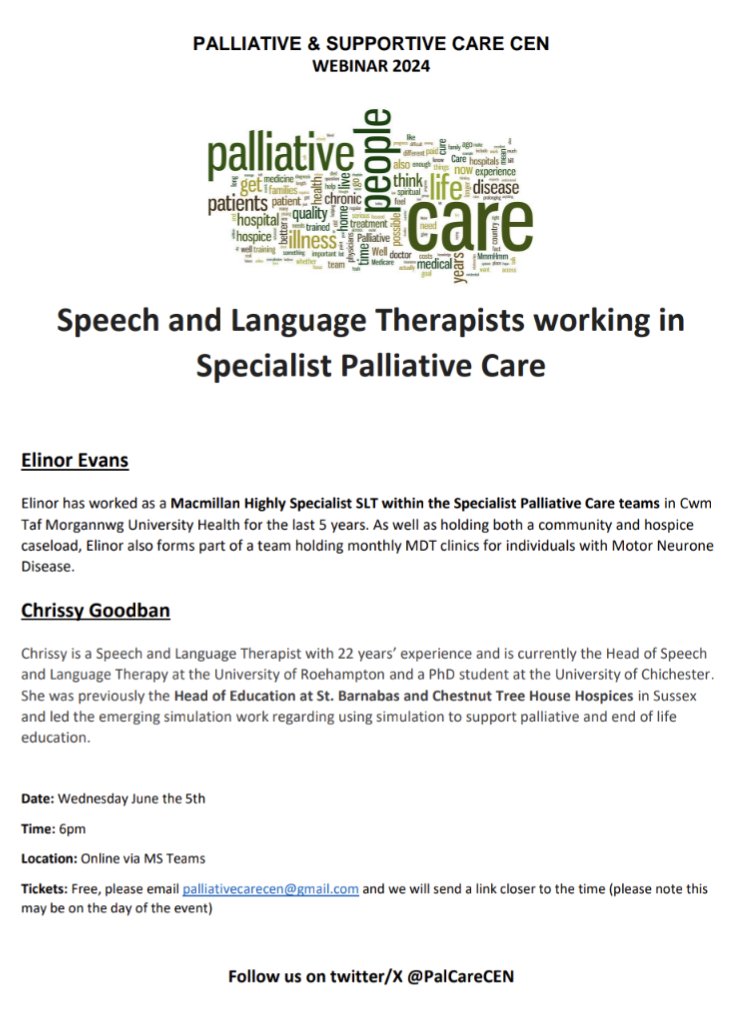 📢 Our first webinar of 2024 📢 Really excited to have @eldosian and @GoodbanChrissy speak about their roles working in Specialist Palliative Care. 6pm Wed June 5th. Email palliativecarecen@gmail.com and a MS teams link will be sent closer to the time. ⬇️☺️