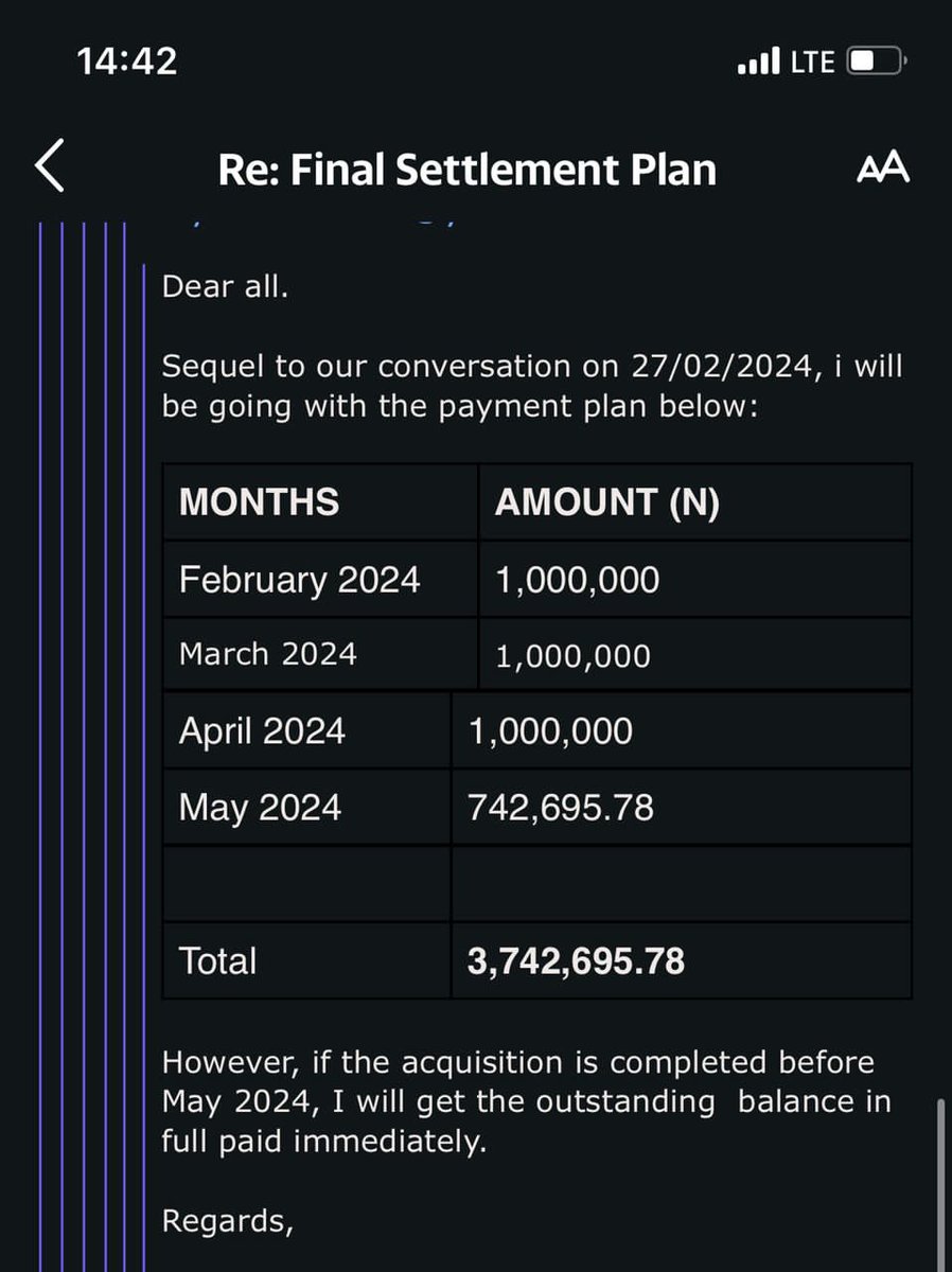 In February, you agreed on a payment plan: 1M immediately, followed by subsequent payments in March and beyond. March came and went, and upon contacting you, she was told that her payment would be made alongside staff salaries.

She stressed the importance of adhering to your