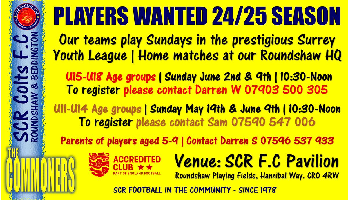 NEW PLAYERS WANTED FOR THE COMING 24/25 SEASON

Please contact the relevant person as per the attached flyer

Please like ❤️ & retweet 👉🏼📲

@SurreyFootball
@surreyfa
@VisitRoundshaw
@EnglandFootball
@Sport_England
@SuttonCouncil

#recruiting #pathway
#CommunityEngagement