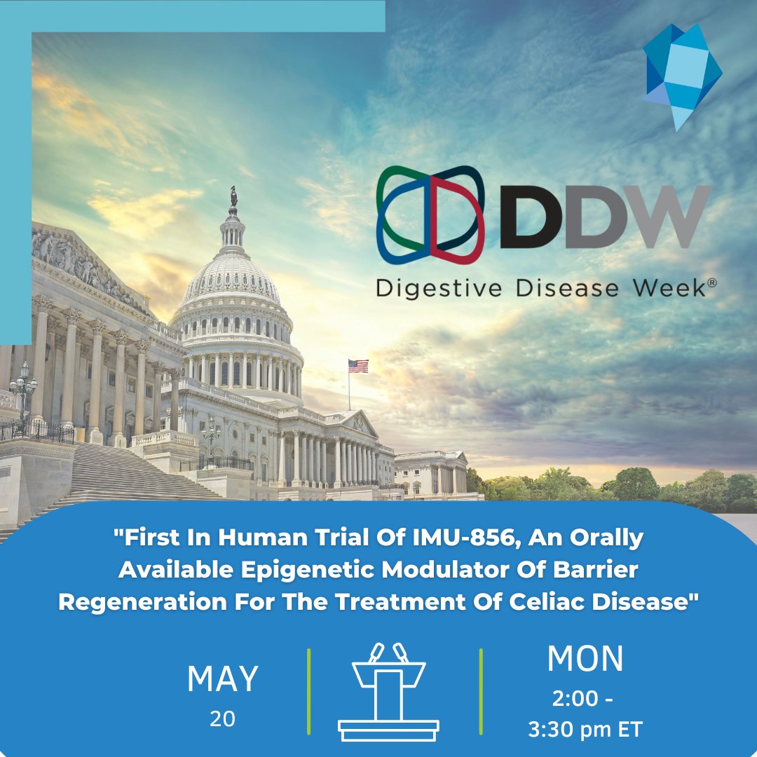 📅 STD: May 20, 2:00-3:30pm ET @DDWMeeting in Washington, D.C.!

🗣️ Dr. Franziska Burianek, $IMUX's Senior Medical Director, will present: 'First in human trial of IMU-856, an orally available epigenetic modulator of barrier regeneration for the treatment of #celiac disease.' 🌾