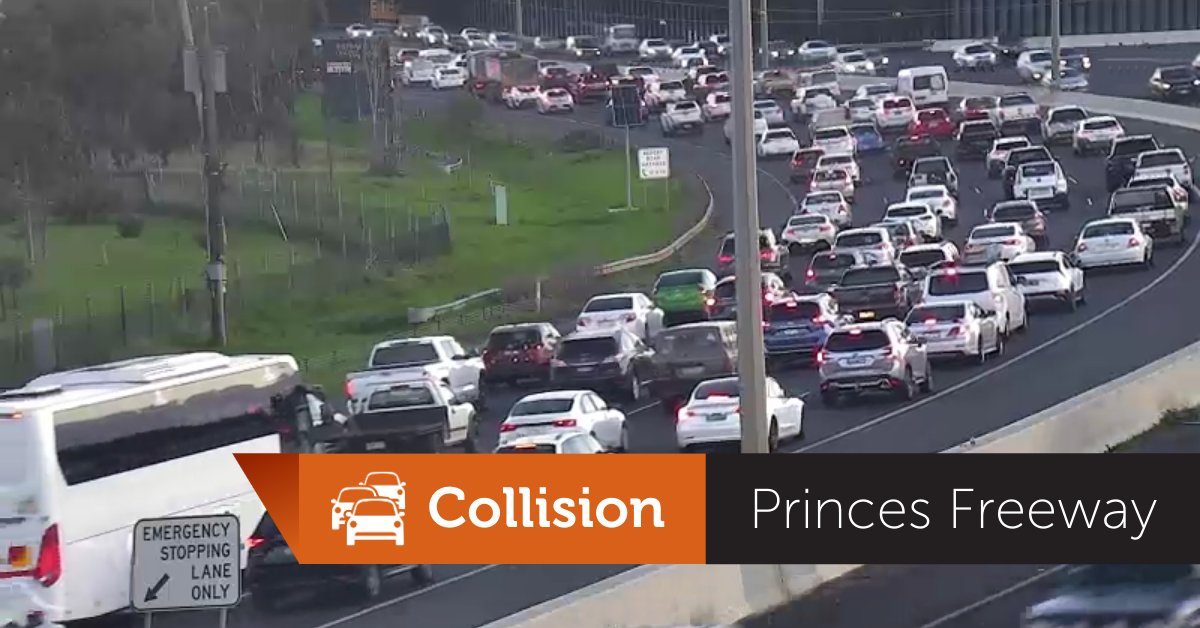 Outbound delays on the Princes Freeway through Altona North and Altona Meadows, due to a collision before Newland Street. The right lane is blocked with Victoria Police attending. Three lanes can get past with caution. #victraffic