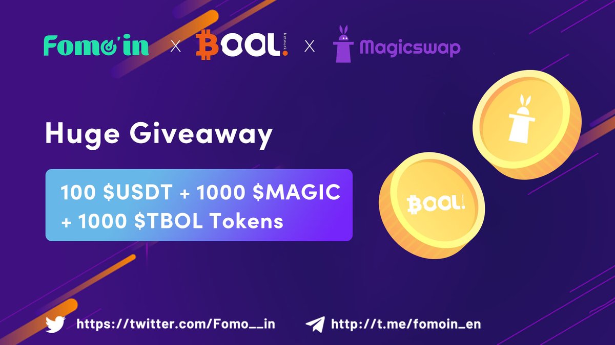 🤝 New Partnership #Airdrop #Giveaways 🥳 Prize Pool: 100 $USDT + 1000 $MAGIC + 1000 $TBOL ✅ Follow @Magicswap_xyz & @bool_official & @Fomo__in ✅ RT & Tag 3 Friends ✅ Comment your MetaMask #EVM address⤵️ 🎁Join t.me/BOOLCommunity & t.me/magicswap_merl… ⏰ 72H