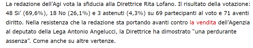 Agi, la redazione sfiducia la direttrice #Lofano, ex vice di #Sechi, ora direttore di Libero by #Angelucci, che vorrebbero comprare l'agenzia stampa #nonpromettebene via @proreportereu