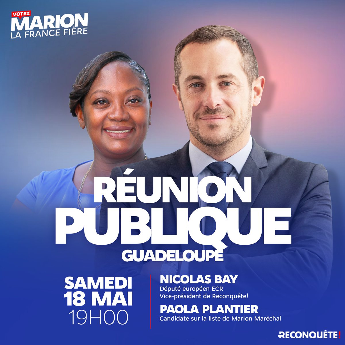 Je suis heureux de vous retrouver pour deux réunions publiques aux Antilles : 👉 En Martinique le jeudi 16 mai : my.weezevent.com/reunion-publiq… 👉 En Guadeloupe le samedi 18 mai : my.weezevent.com/reunion-publiq… Je compte sur vous ! #VotezMarion