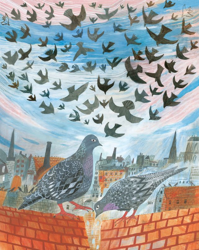 Pigeons on the roof cut paper collage by Chris Hagen