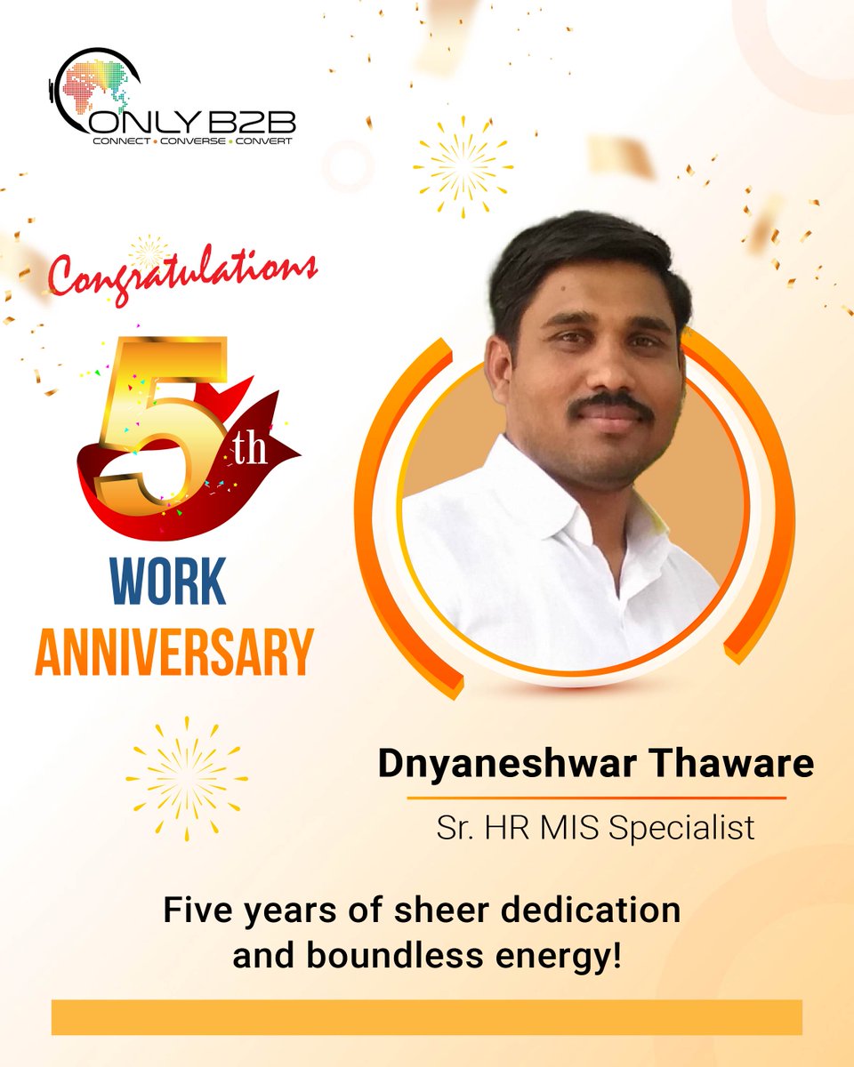 Celebrating a rockstar! Happy 5th work anniversary to Dnyaneshwar Thaware! Your passion is a driving force for our HR team. Here's to many more milestones together! #Teamwork #CompanyCulture #OnlyB2B