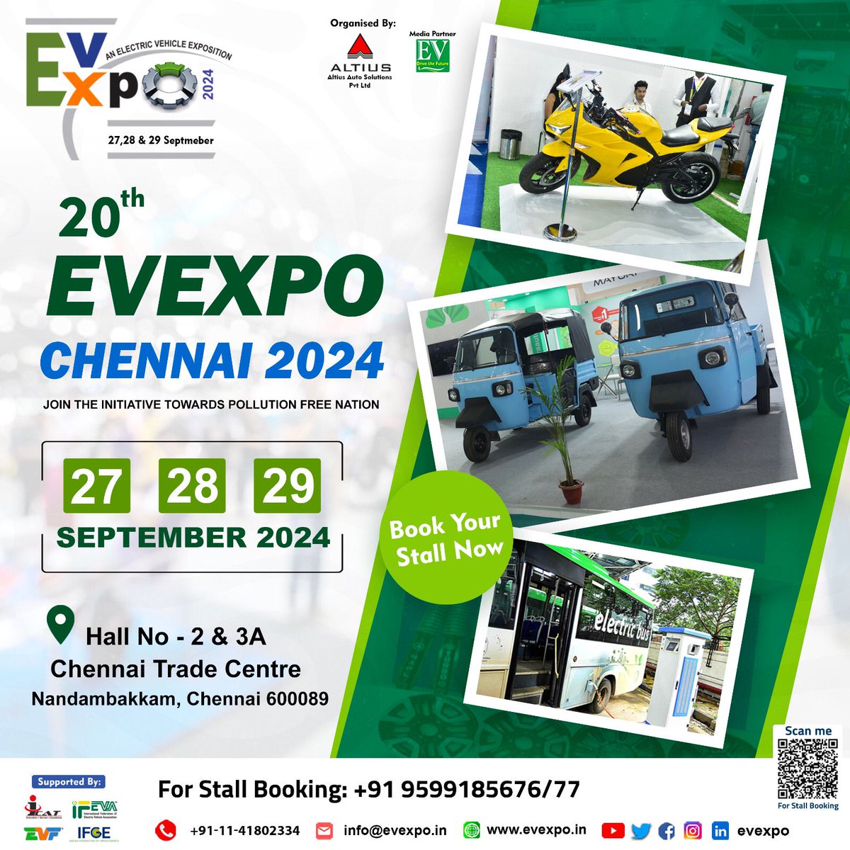 🌟 20th EvExpo Chennai 2024! 🚀 🗓️ 27, 28 & 29 September 2024 ⏰ 10:00am - 6:00pm 📌Hall – 2 & 3A, Chennai Trade Centre, Nandambakkam, Chennai – 600089 Book Your Stall Now! Contact : 095991 85676 / 77 Entry Free for Visitors : forms.gle/xNXFQ7Bb7xsf35… #Chennai #CleanEnergy