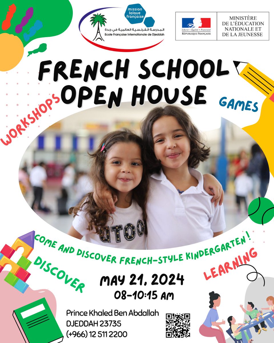 🚪🎉 Open House at French Kindergarten in Jeddah 📅 May 21, 2024 🕗 8-10:15 AM. Discover French-style kindergarten! 🌟  Welcoming kids from 2+! @franceinjeddah @franceinksa @mlfmonde